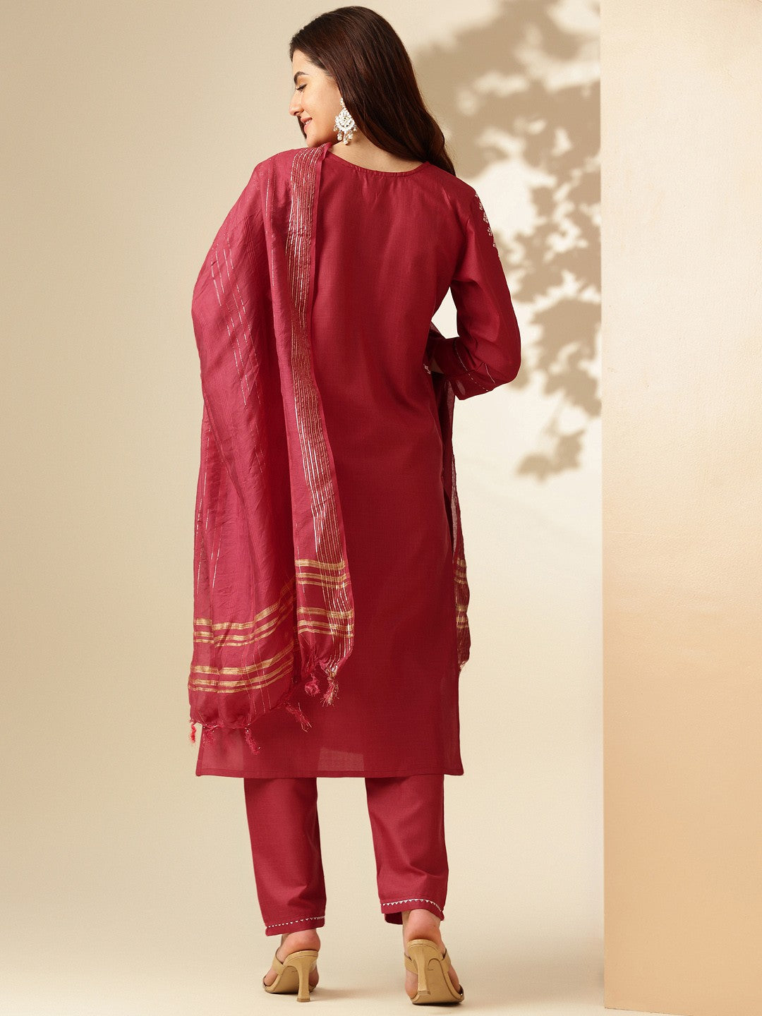 Embroidered Maroon Cotton Kurti Pant Set with Dupatta for Women