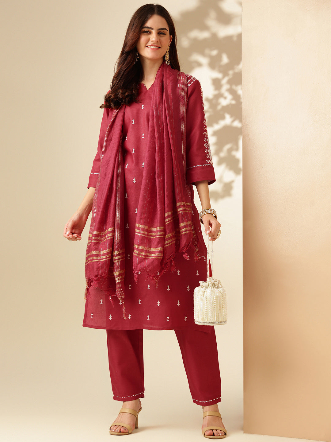 Embroidered Maroon Cotton Kurti Pant Set with Dupatta for Women