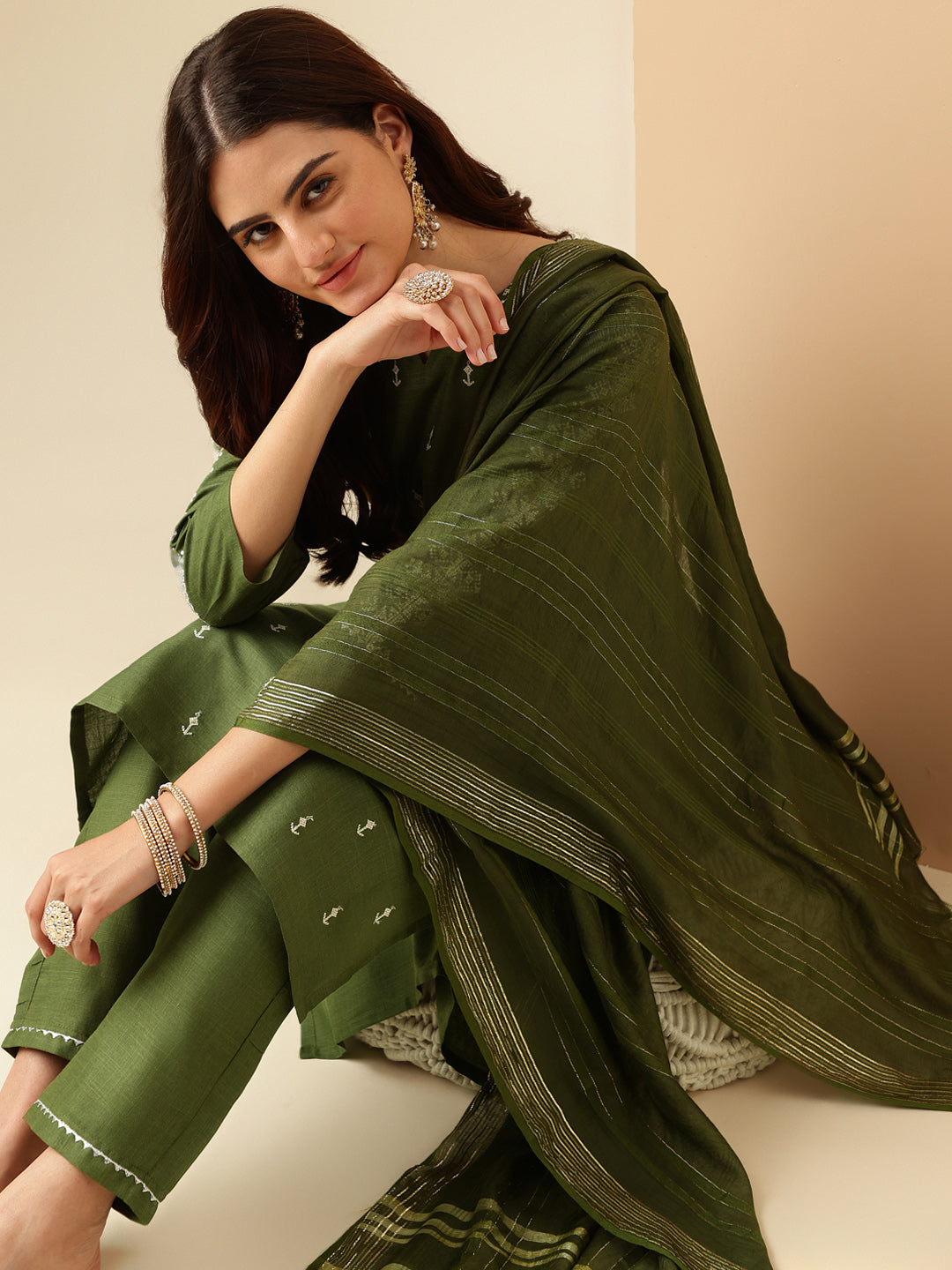 Embroidered Mehendi Green Cotton Kurta Sets for Women