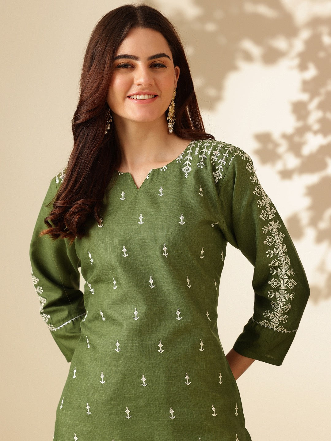 Embroidered Mehendi Green Cotton Kurta Sets for Women