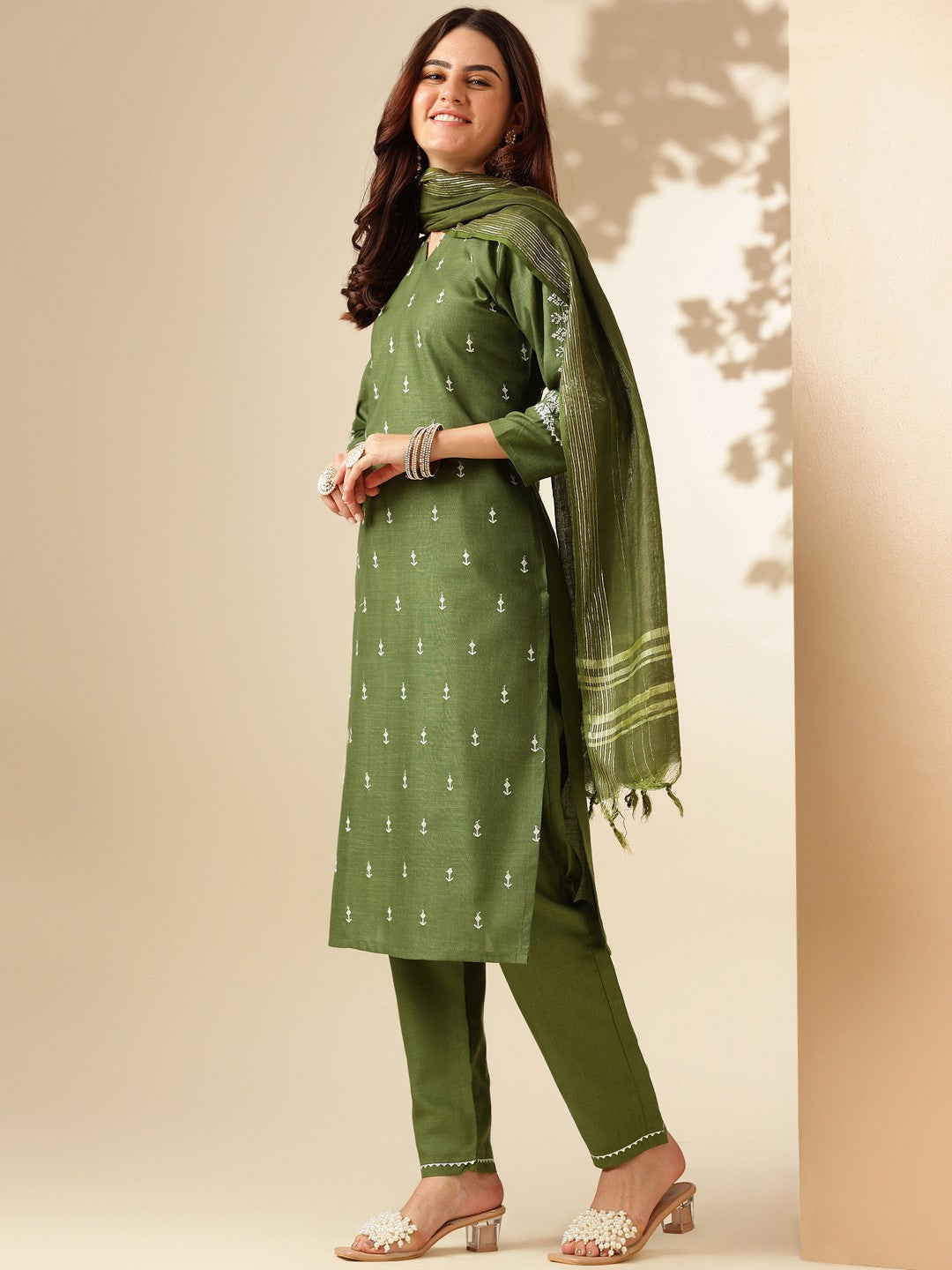 Embroidered Mehendi Green Cotton Kurta Sets for Women