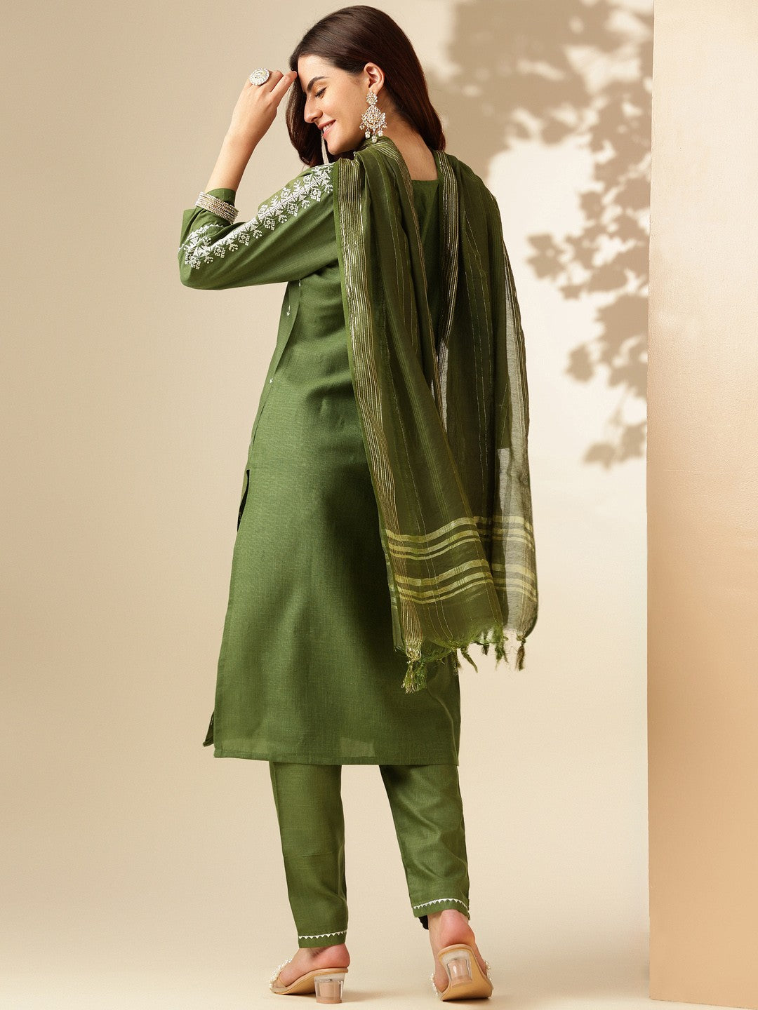 Embroidered Mehendi Green Cotton Kurta Sets for Women