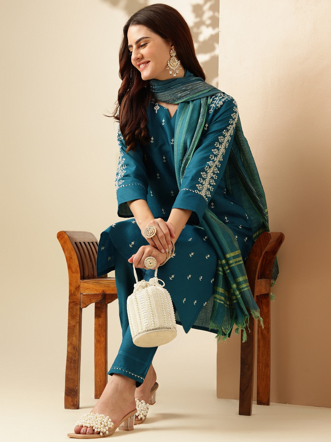 Embroidered Morpichh Cotton Kurta Sets for Women