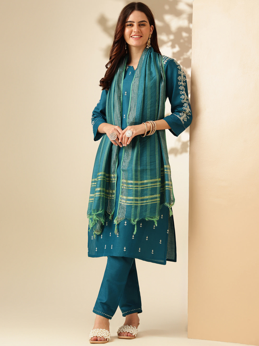 Embroidered Morpichh Cotton Kurta Sets for Women