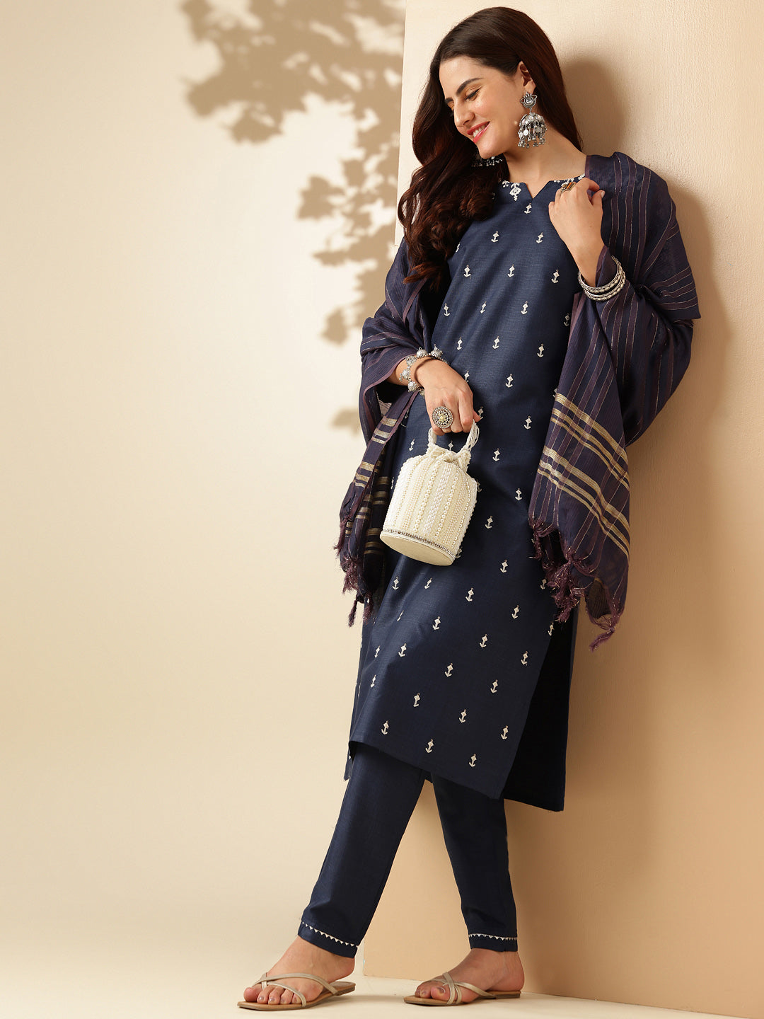 Embroidered Navy Blue Cotton Kurta Sets for Women