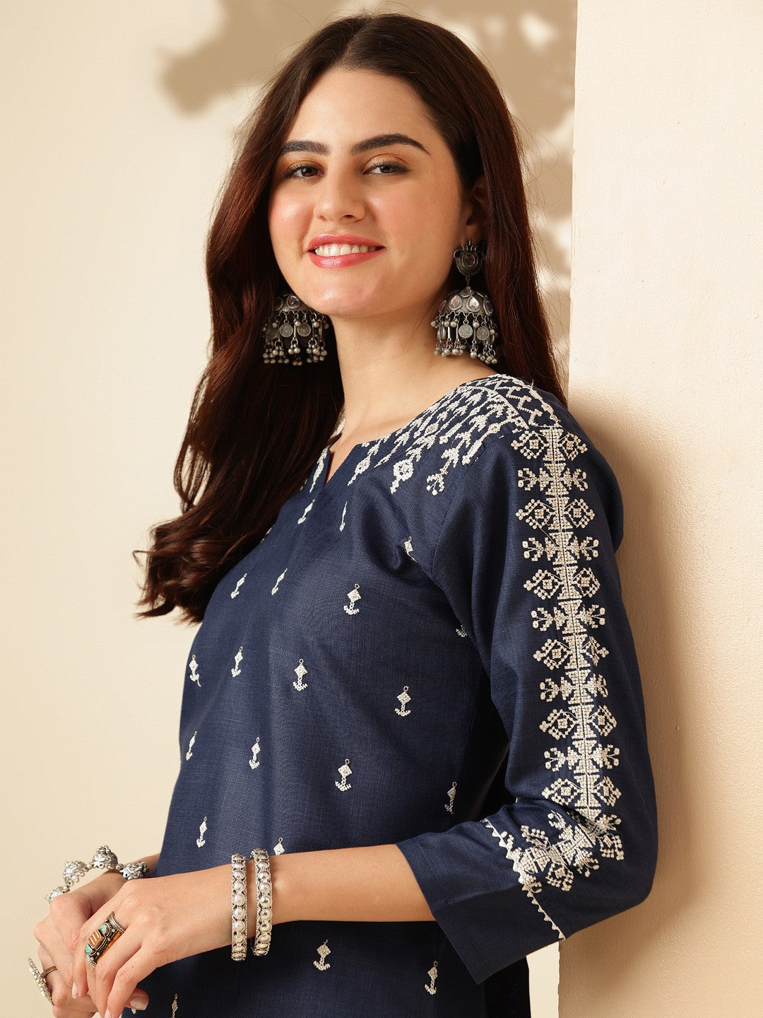 Embroidered Navy Blue Cotton Kurta Sets for Women