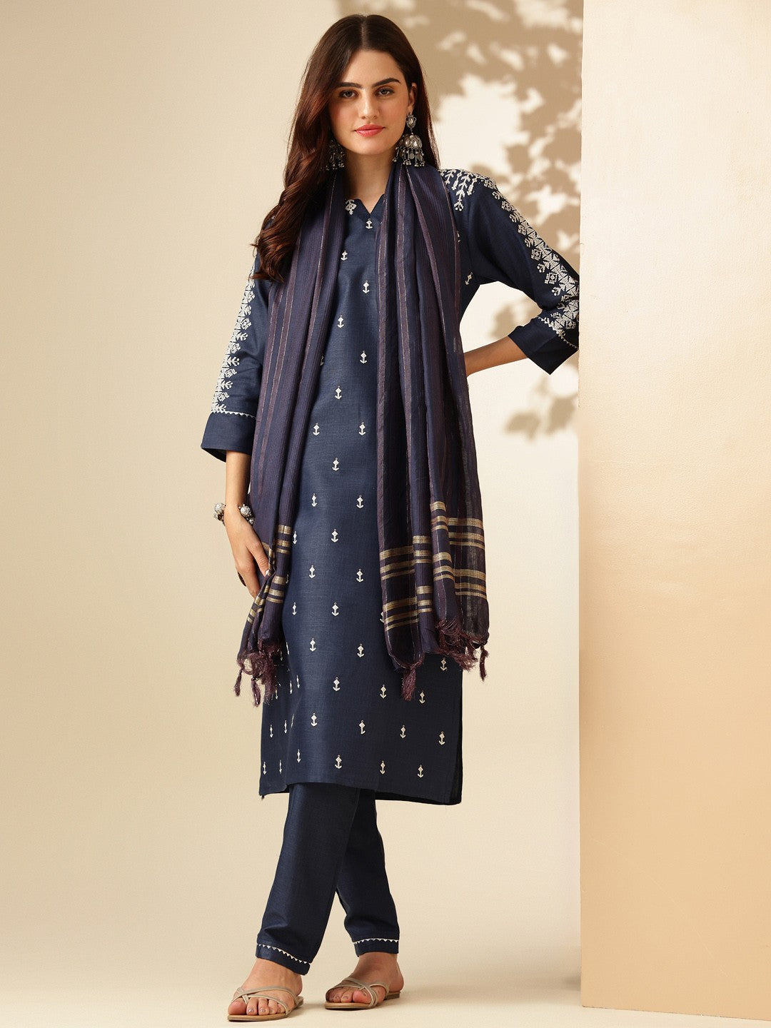 Embroidered Navy Blue Cotton Kurta Sets for Women