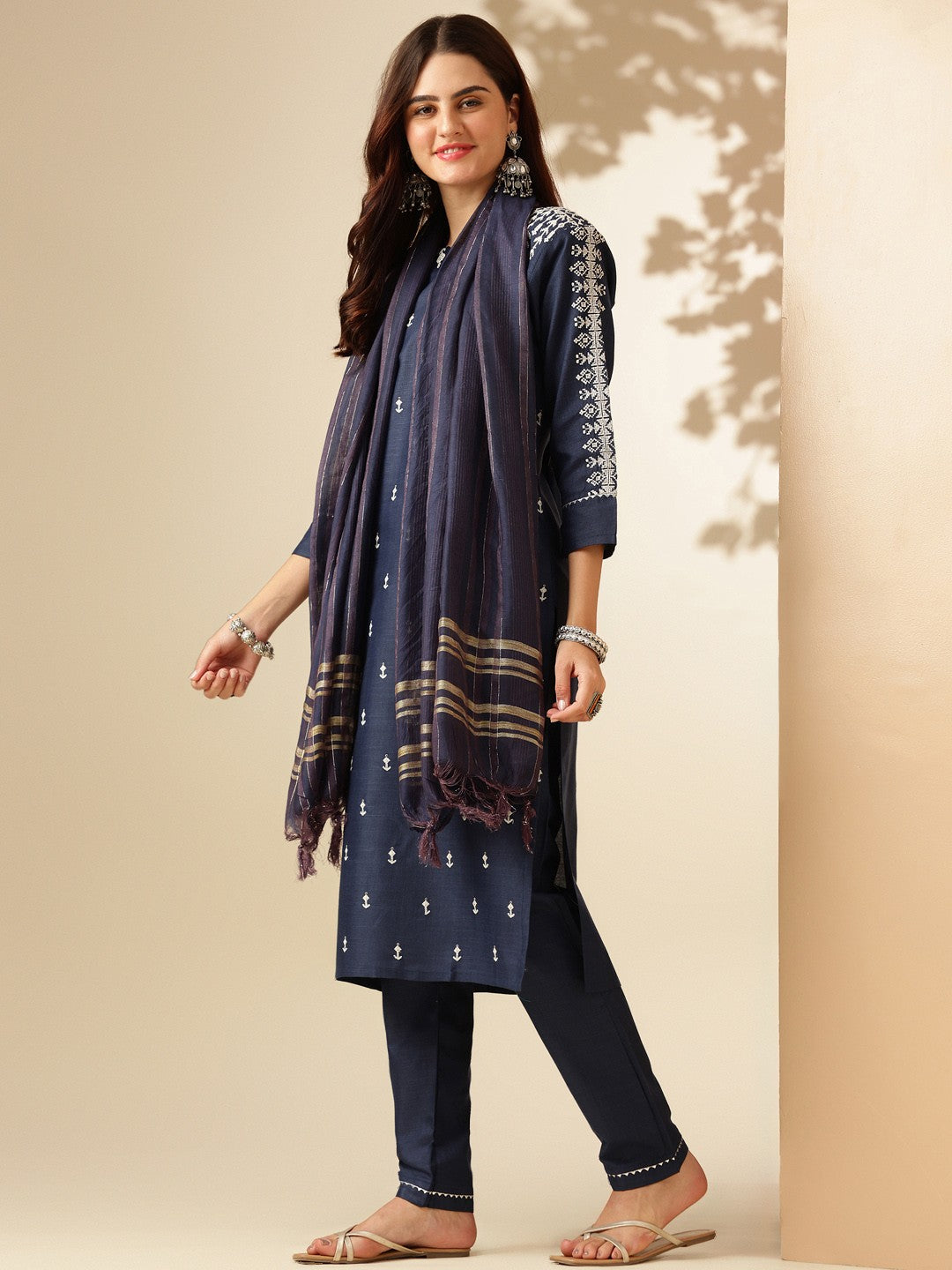 Embroidered Navy Blue Cotton Kurta Sets for Women