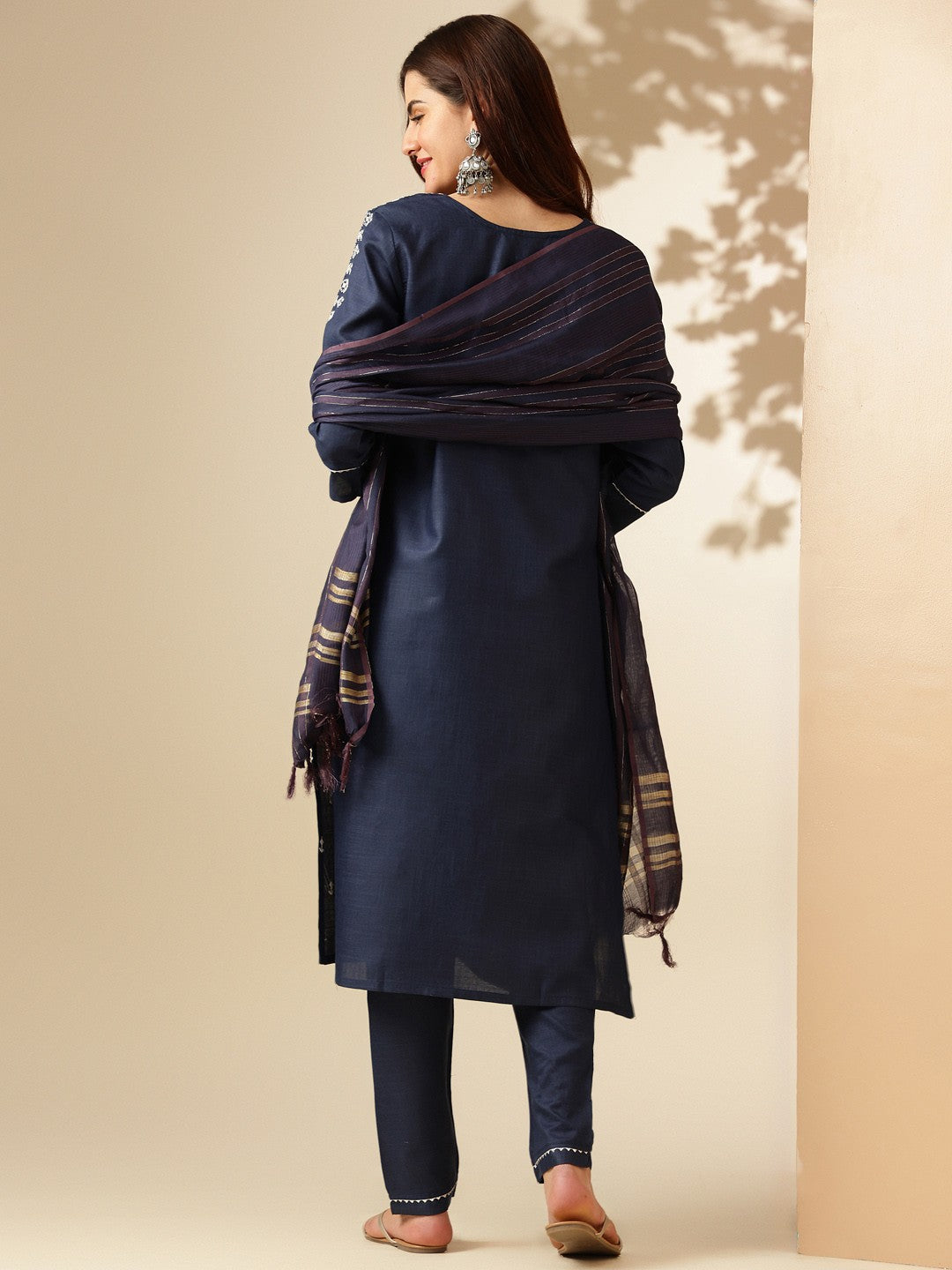 Embroidered Navy Blue Cotton Kurta Sets for Women