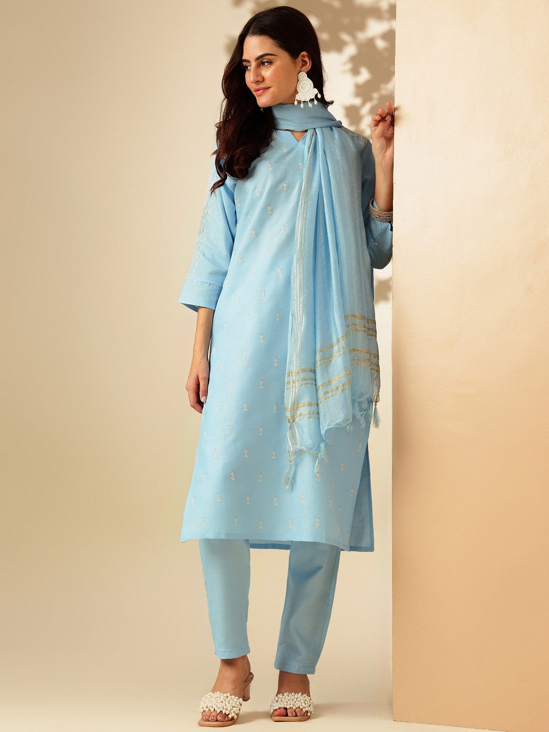 Embroidered Sky Blue Cotton Kurta Sets for Women