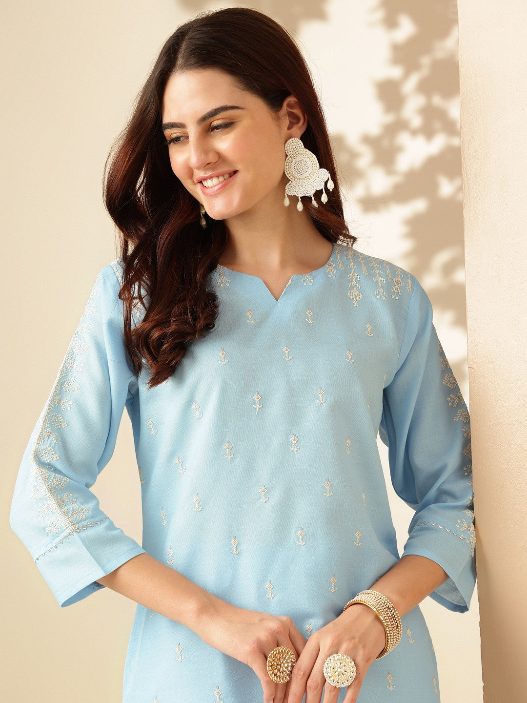 Embroidered Sky Blue Cotton Kurta Sets for Women