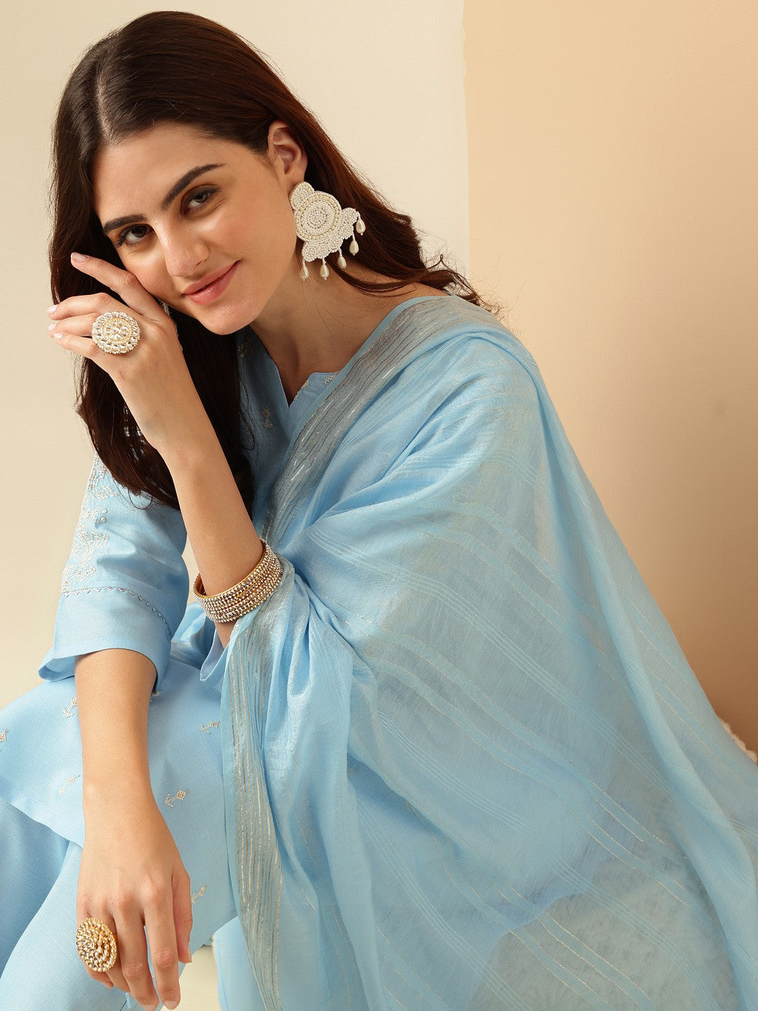 Embroidered Sky Blue Cotton Kurta Sets for Women