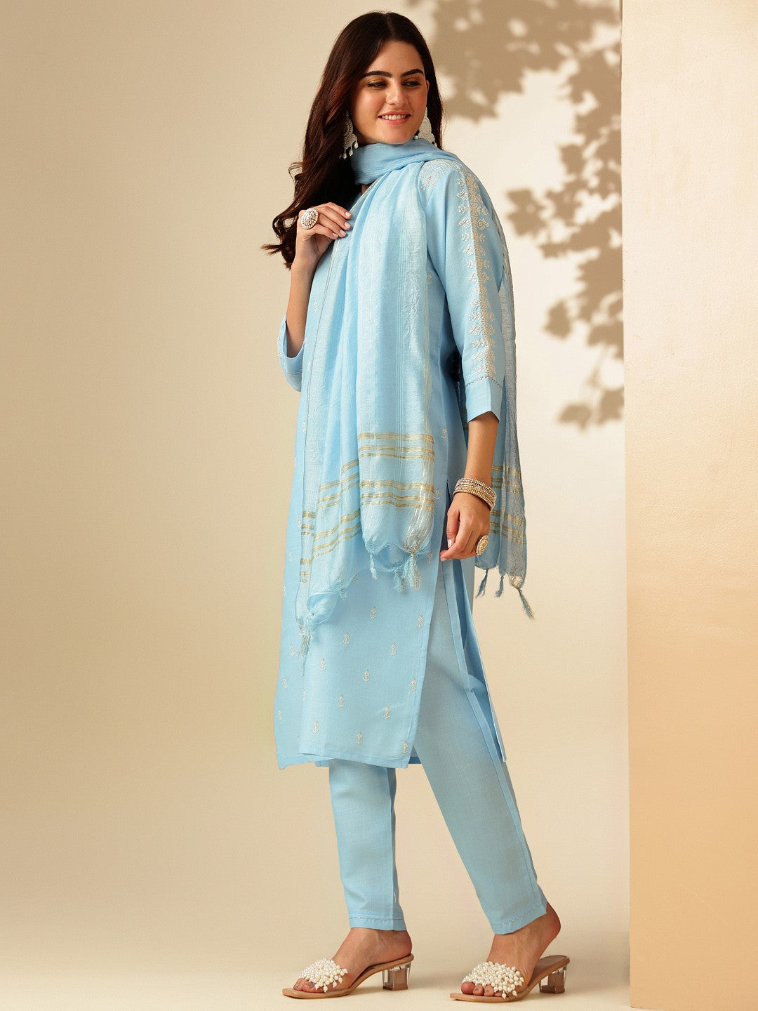 Embroidered Sky Blue Cotton Kurta Sets for Women