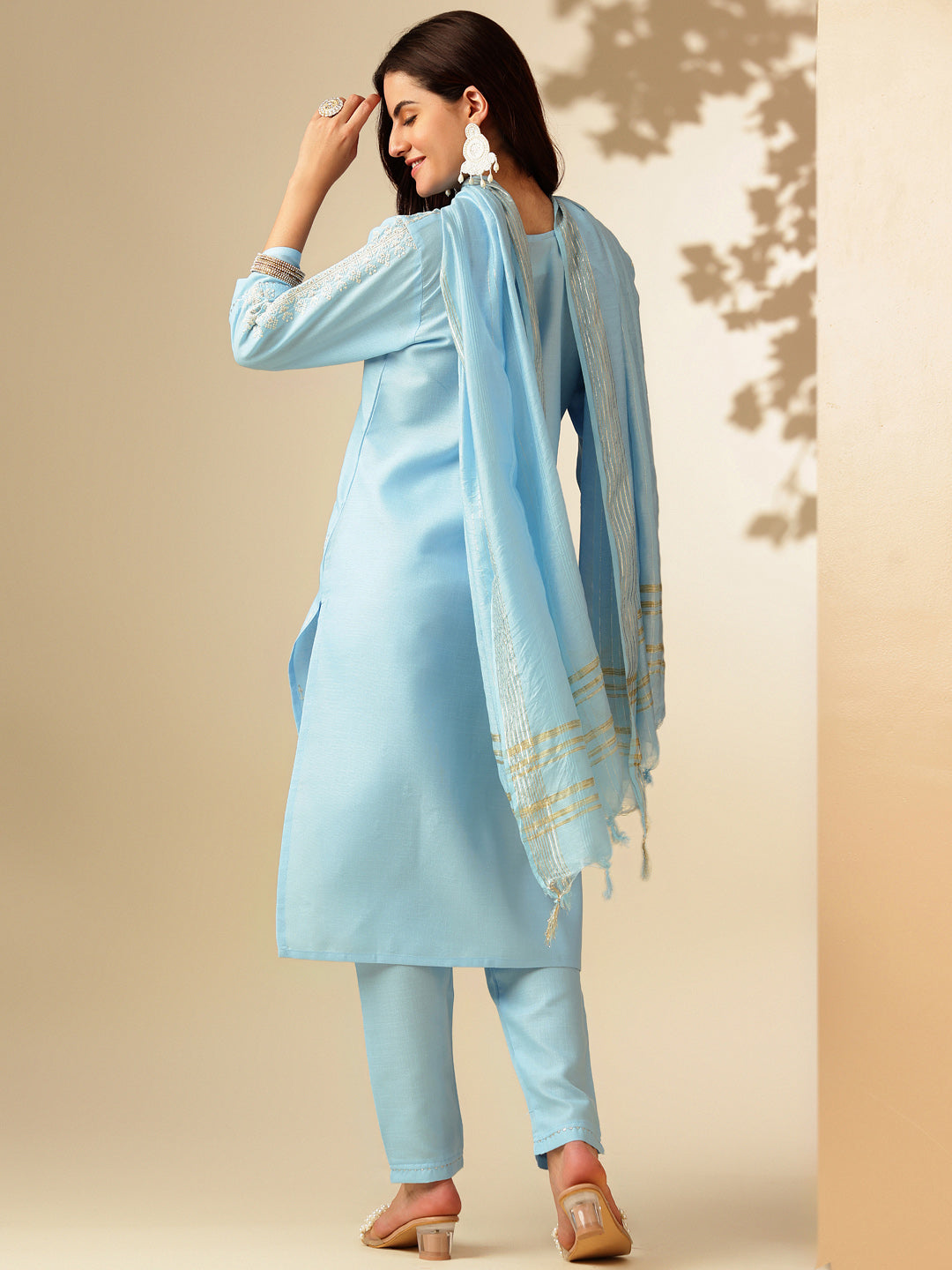 Embroidered Sky Blue Cotton Kurta Sets for Women