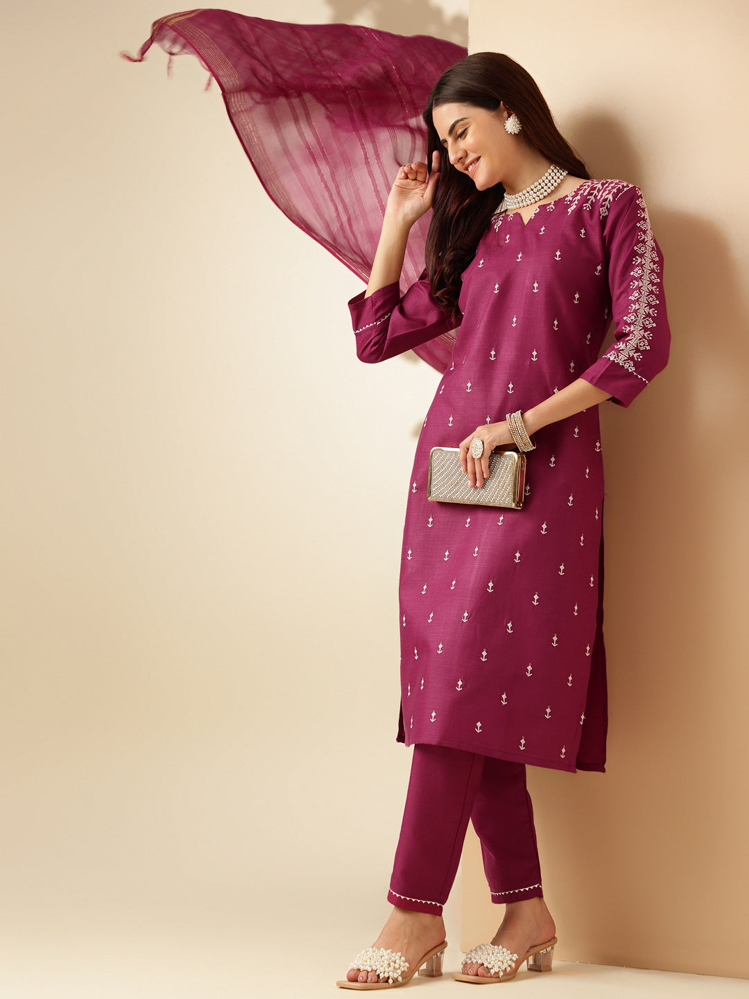 Embroidered Purple Cotton Kurti Pant Set with Dupatta for Women