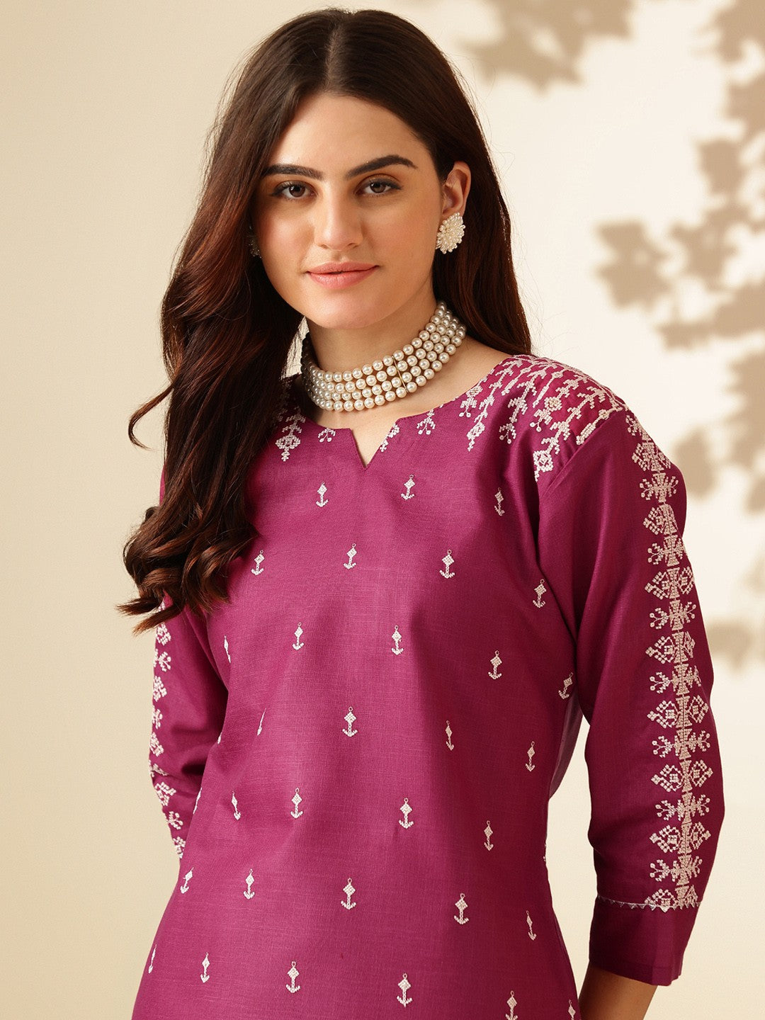 Embroidered Purple Cotton Kurti Pant Set with Dupatta for Women