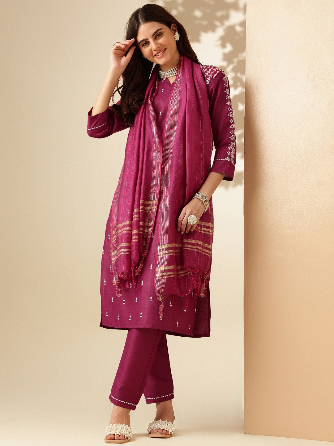 Embroidered Purple Cotton Kurti Pant Set with Dupatta for Women