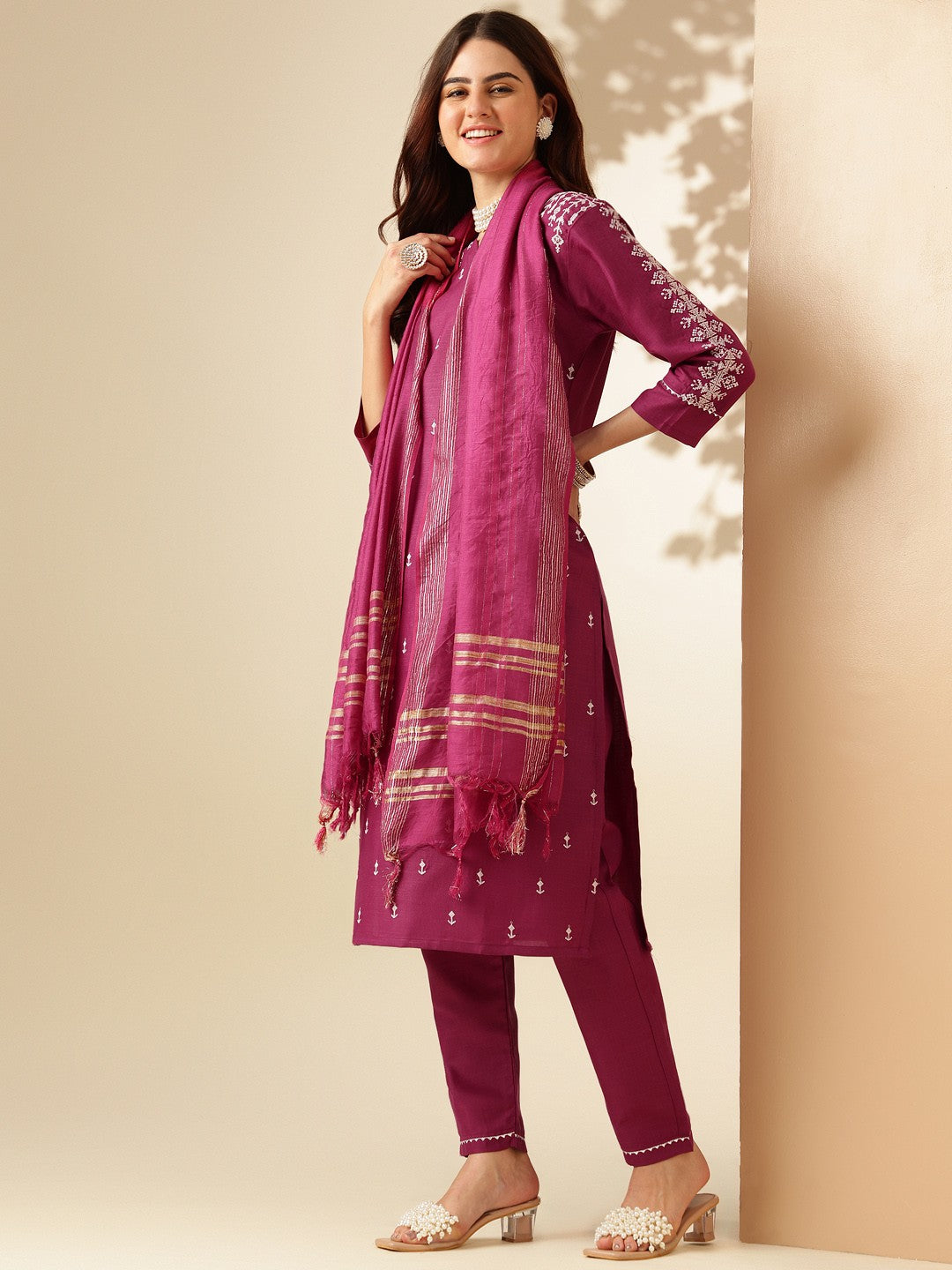 Embroidered Purple Cotton Kurti Pant Set with Dupatta for Women