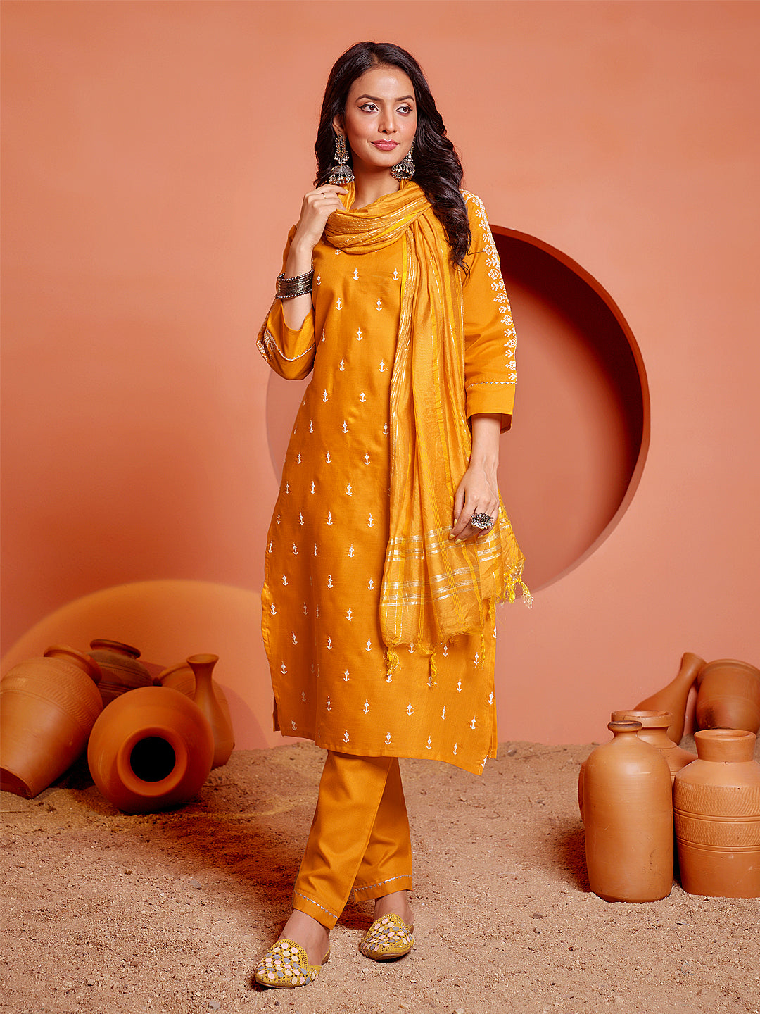 Embroidered Yellow Cotton Kurti Pant Set with Dupatta for Women