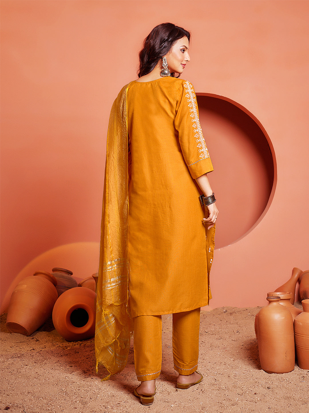 Embroidered Yellow Cotton Kurti Pant Set with Dupatta for Women