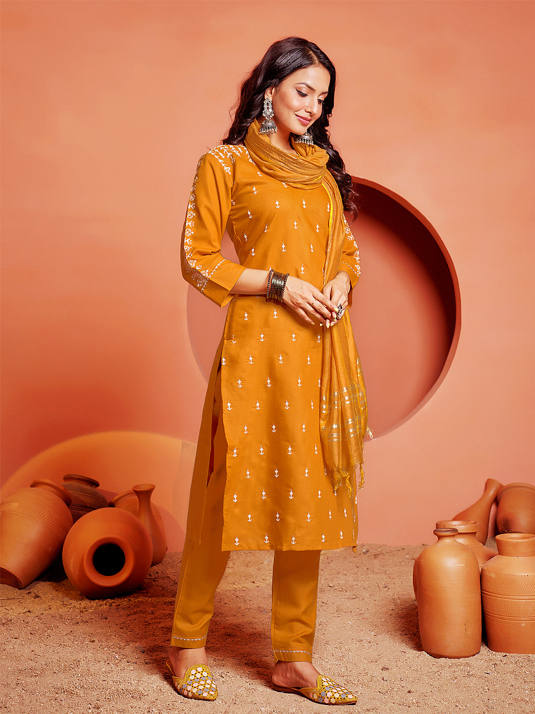 Embroidered Yellow Cotton Kurti Pant Set with Dupatta for Women