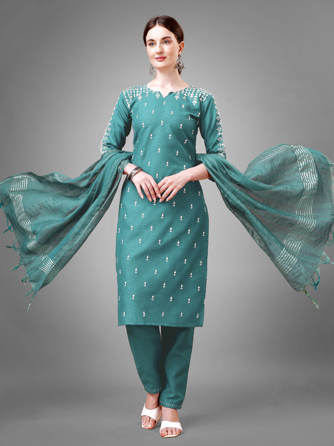 Embroidered Teal Cotton Kurti Pant Set with Dupatta for Women