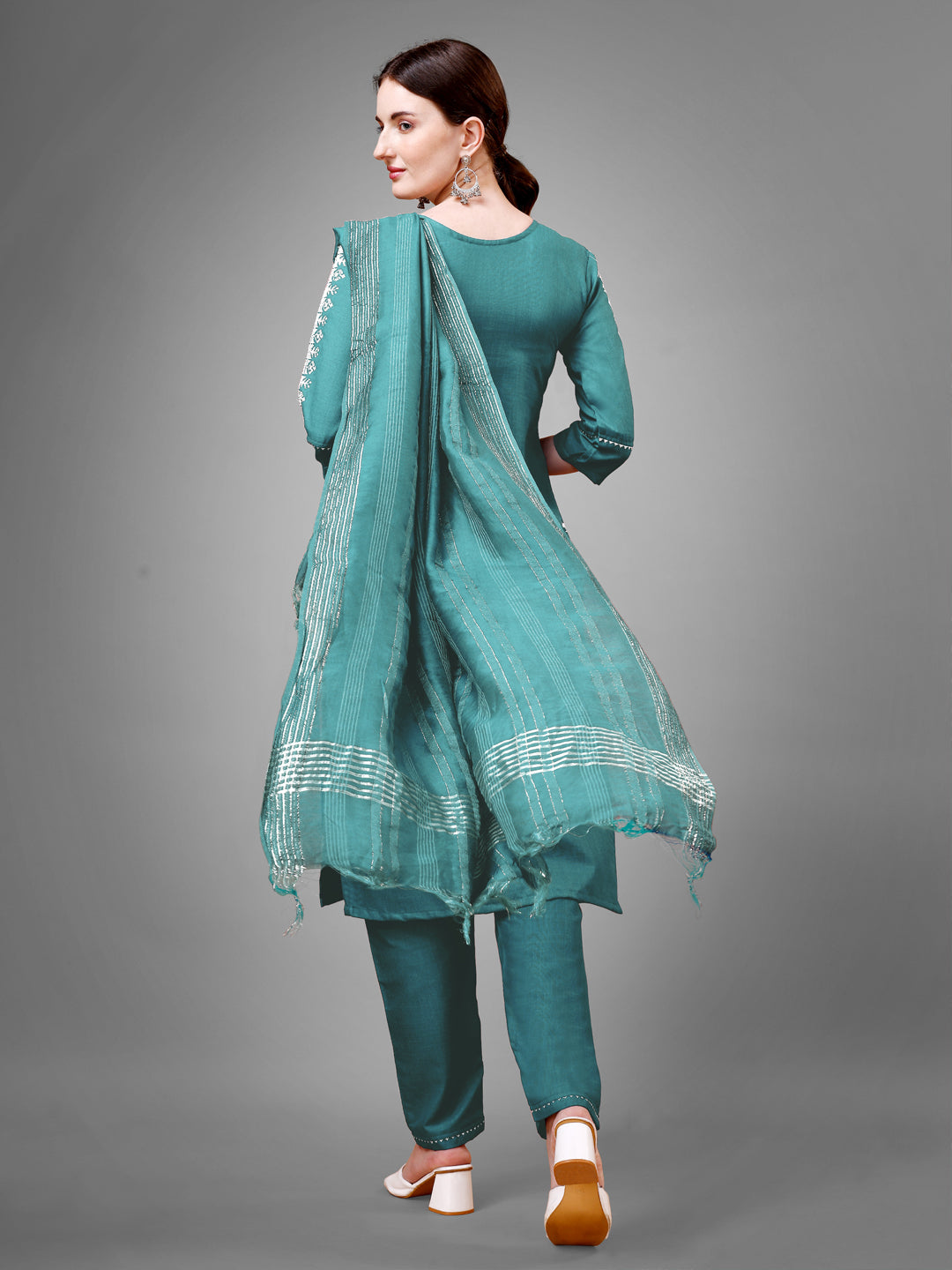 Embroidered Teal Cotton Kurti Pant Set with Dupatta for Women