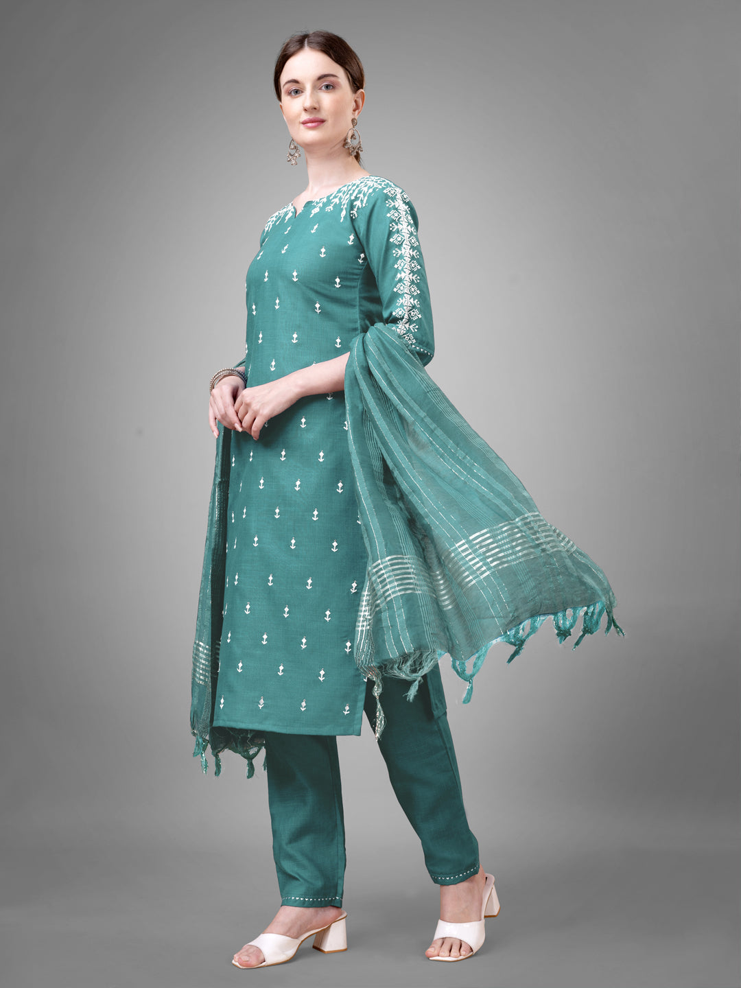 Embroidered Teal Cotton Kurti Pant Set with Dupatta for Women