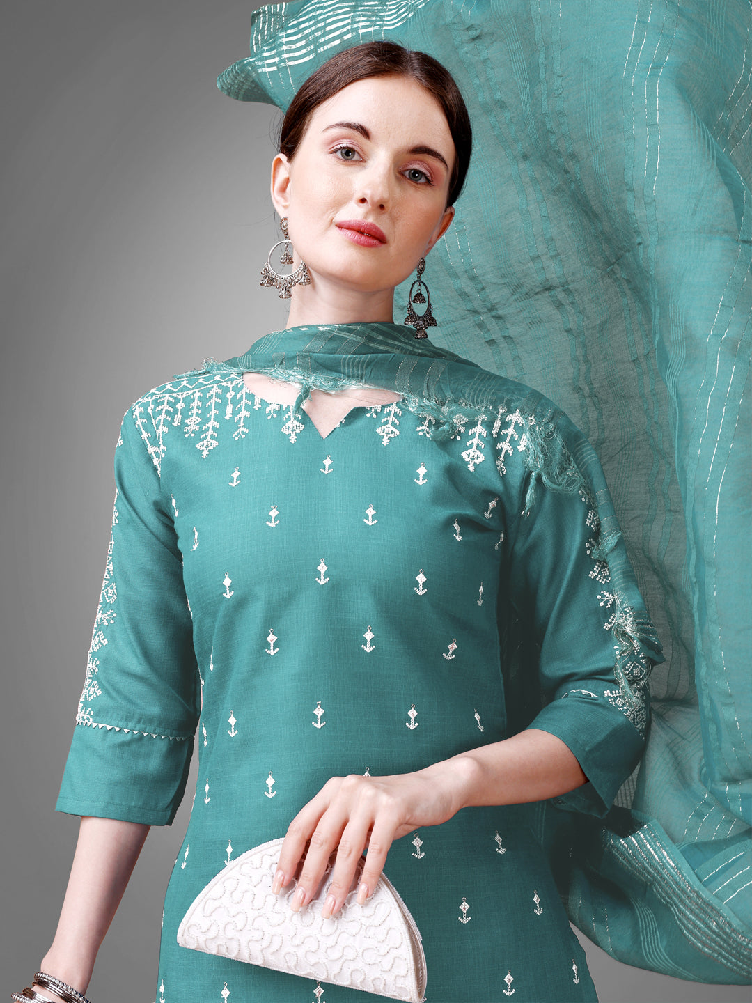 Embroidered Teal Cotton Kurti Pant Set with Dupatta for Women