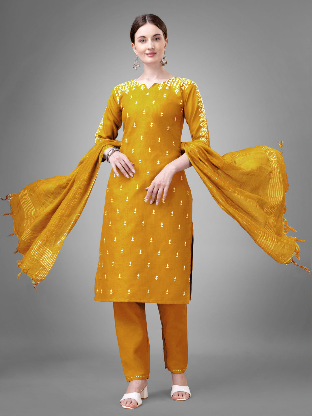 Embroidered Yellow Cotton Kurta Sets for Women