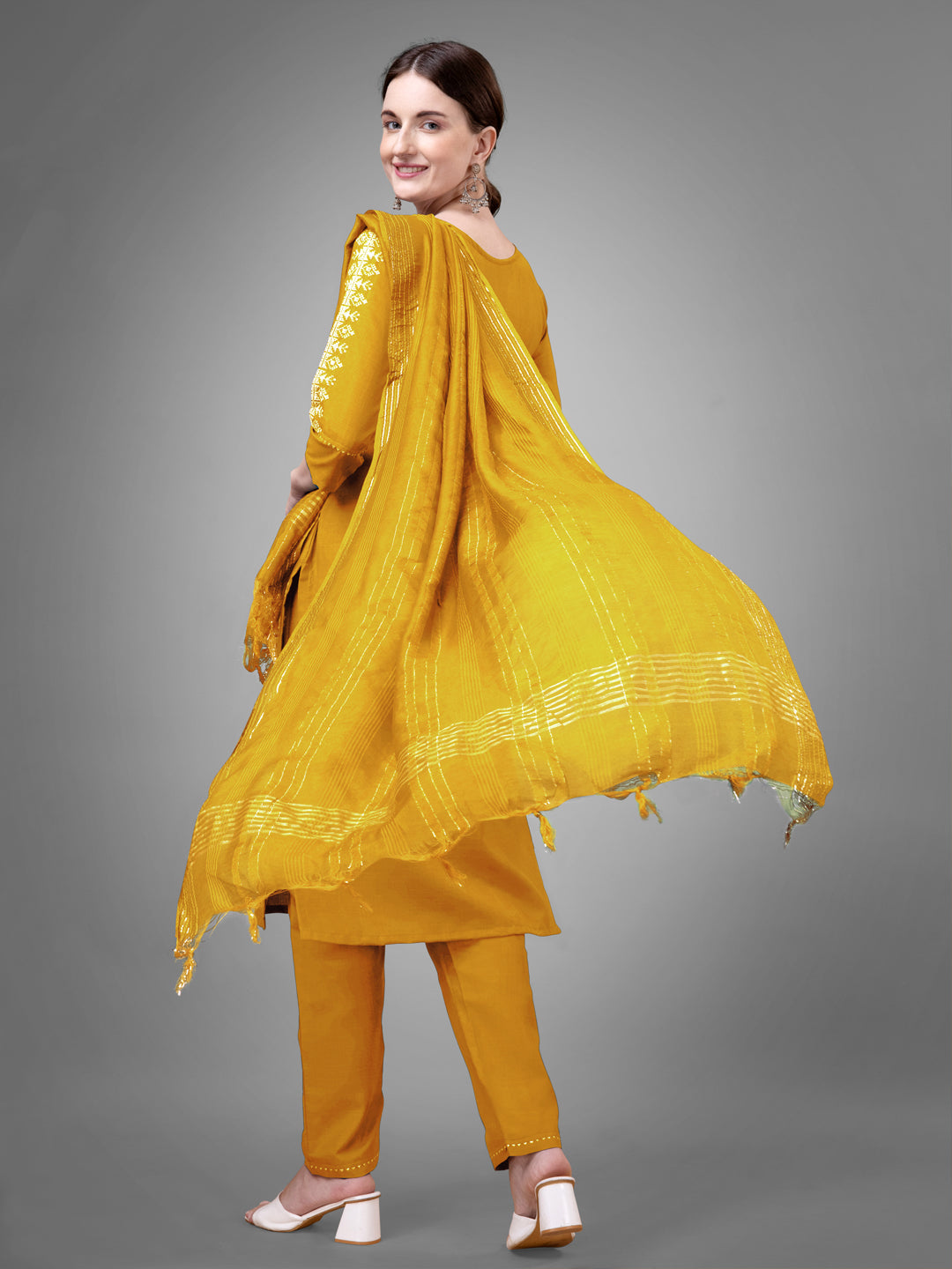 Embroidered Yellow Cotton Kurta Sets for Women