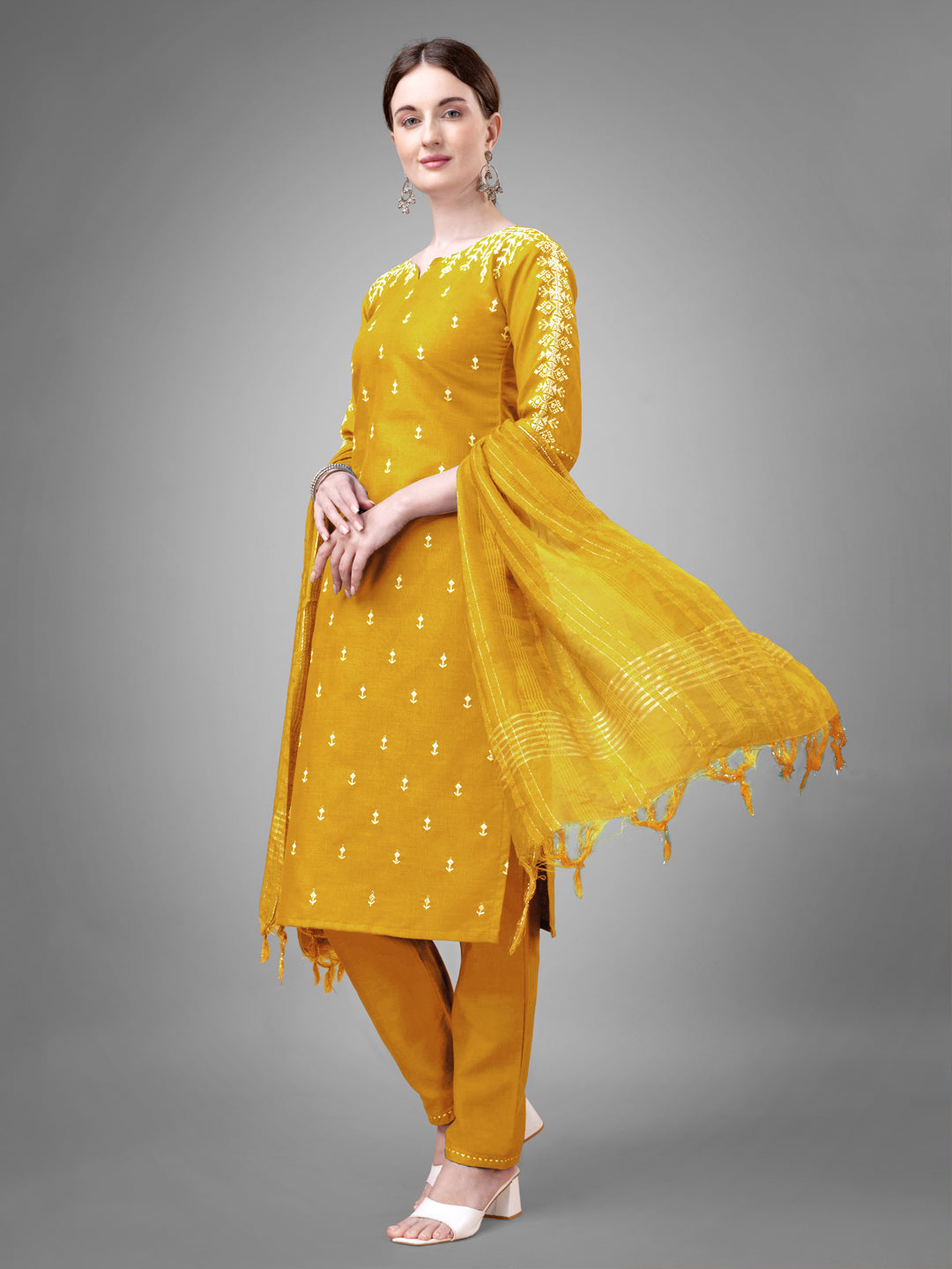 Embroidered Yellow Cotton Kurta Sets for Women