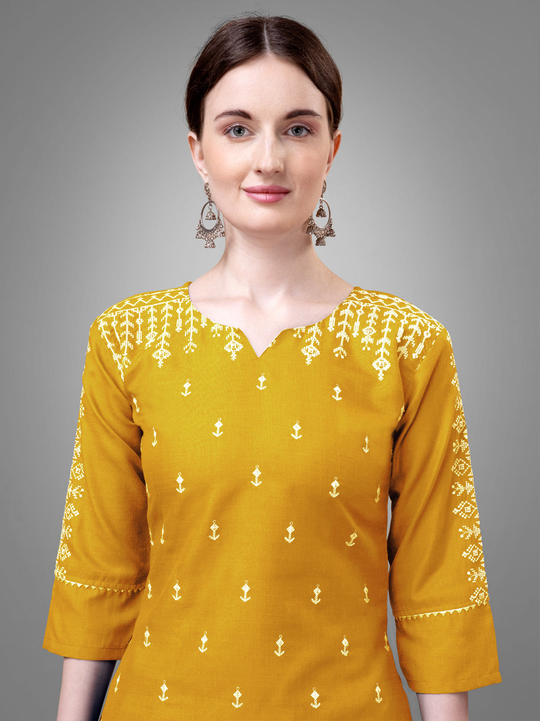 Embroidered Yellow Cotton Kurta Sets for Women