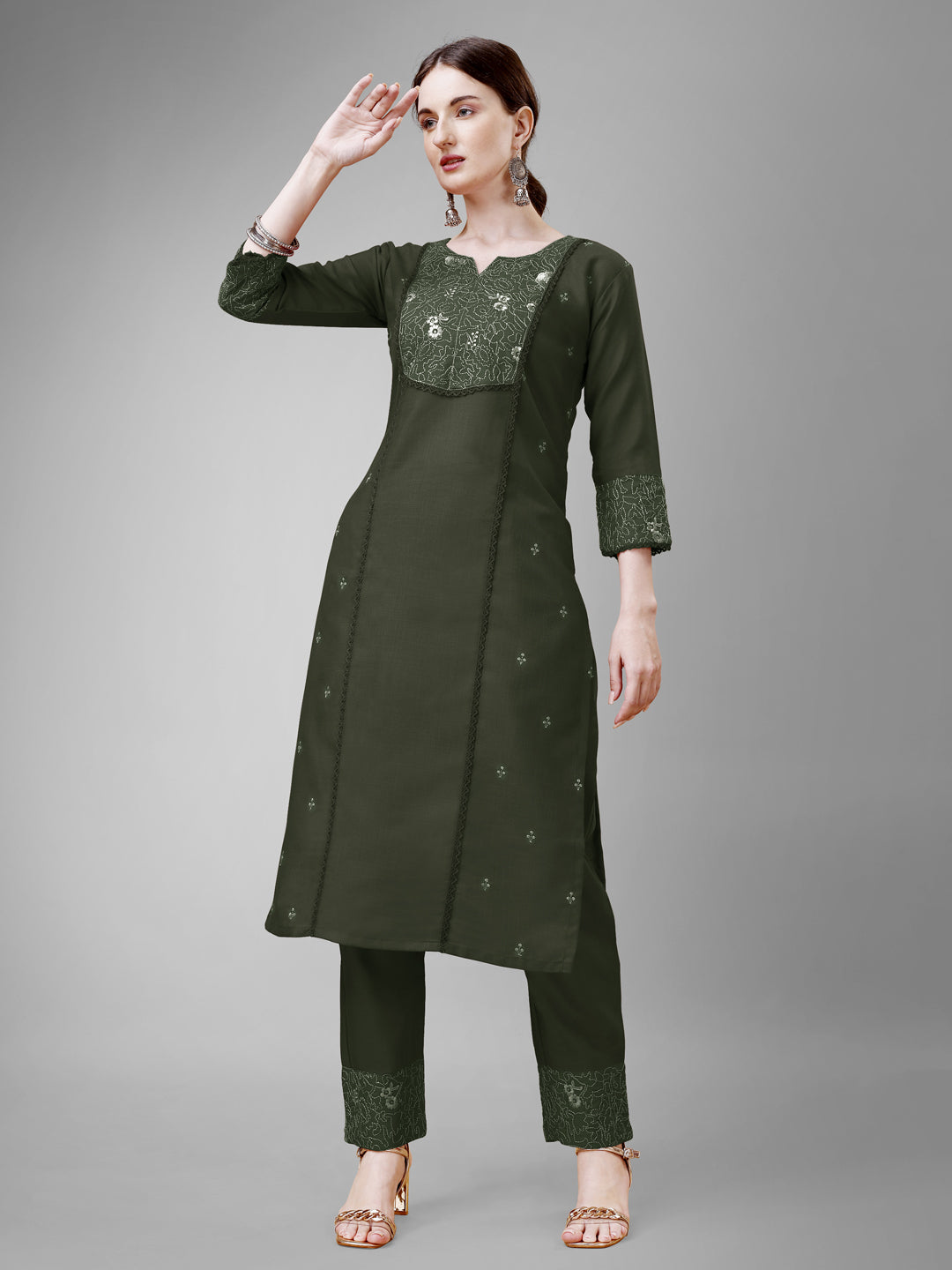 Embroidered Dark Green Cotton Kurta Pant Sets For Women