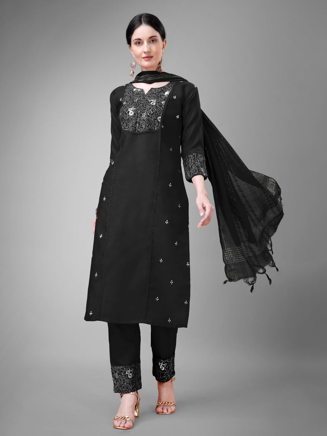 Embroidered Black Cotton Kurta Sets for Women