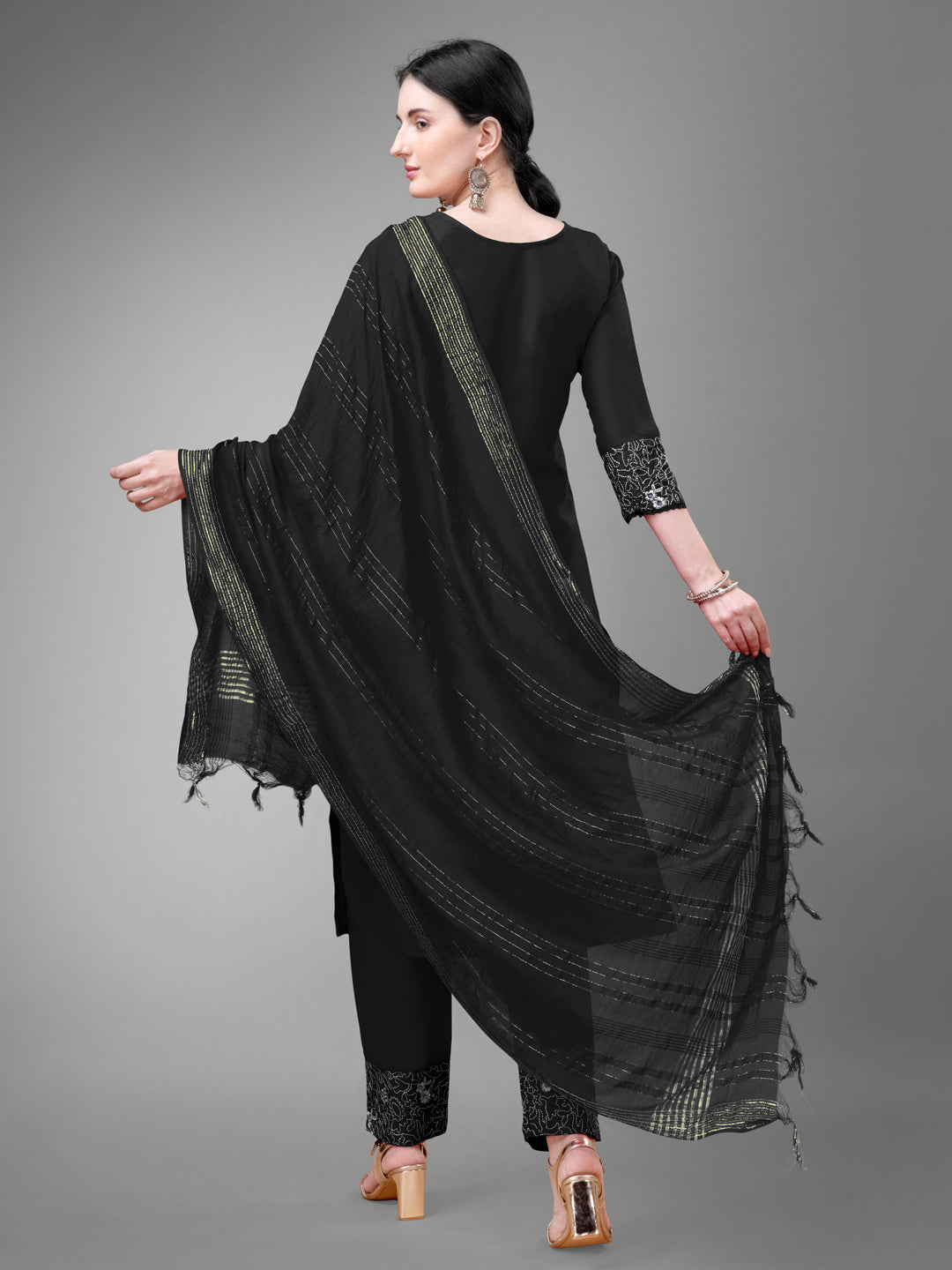 Embroidered Black Cotton Kurta Sets for Women