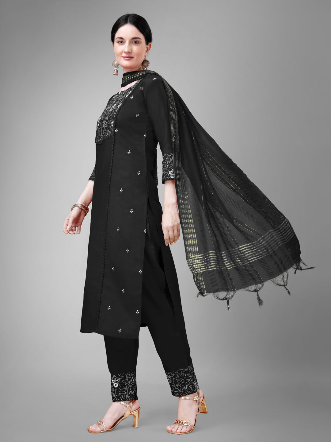 Embroidered Black Cotton Kurta Sets for Women