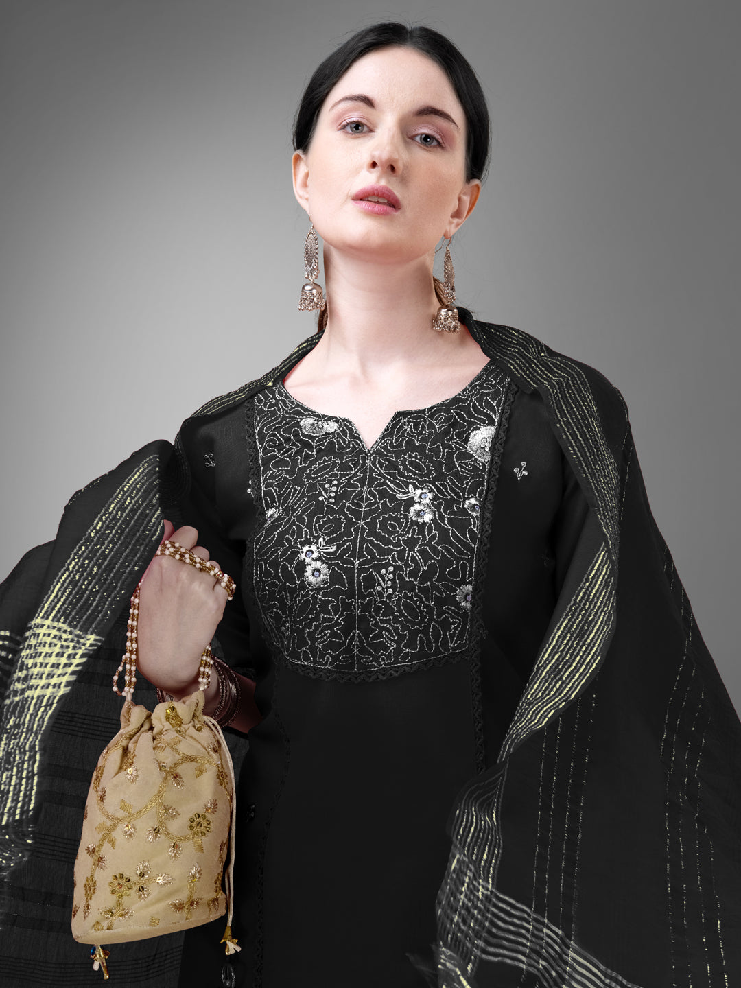 Embroidered Black Cotton Kurta Sets for Women