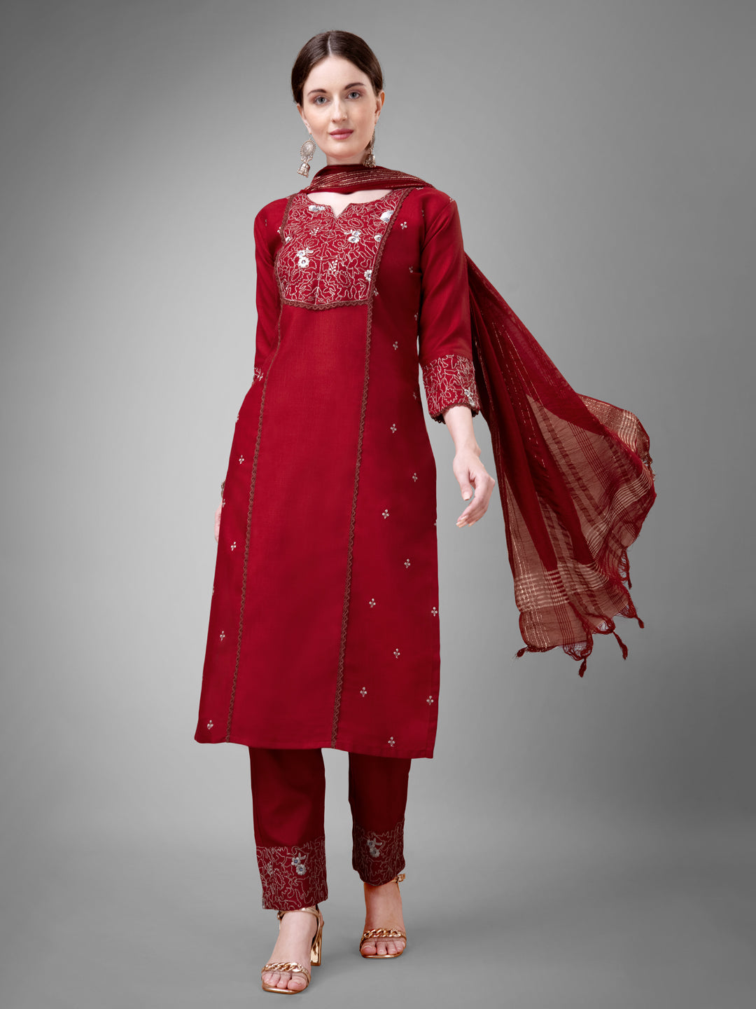 Embroidered Maroon Cotton Kurti Pant Set with Dupatta for Women