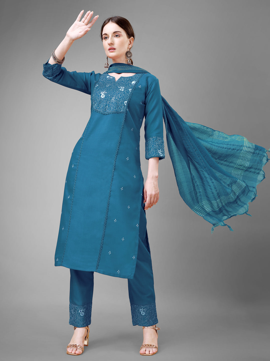 Embroidered Morpichh Cotton Kurti Pant Set with Dupatta for Women