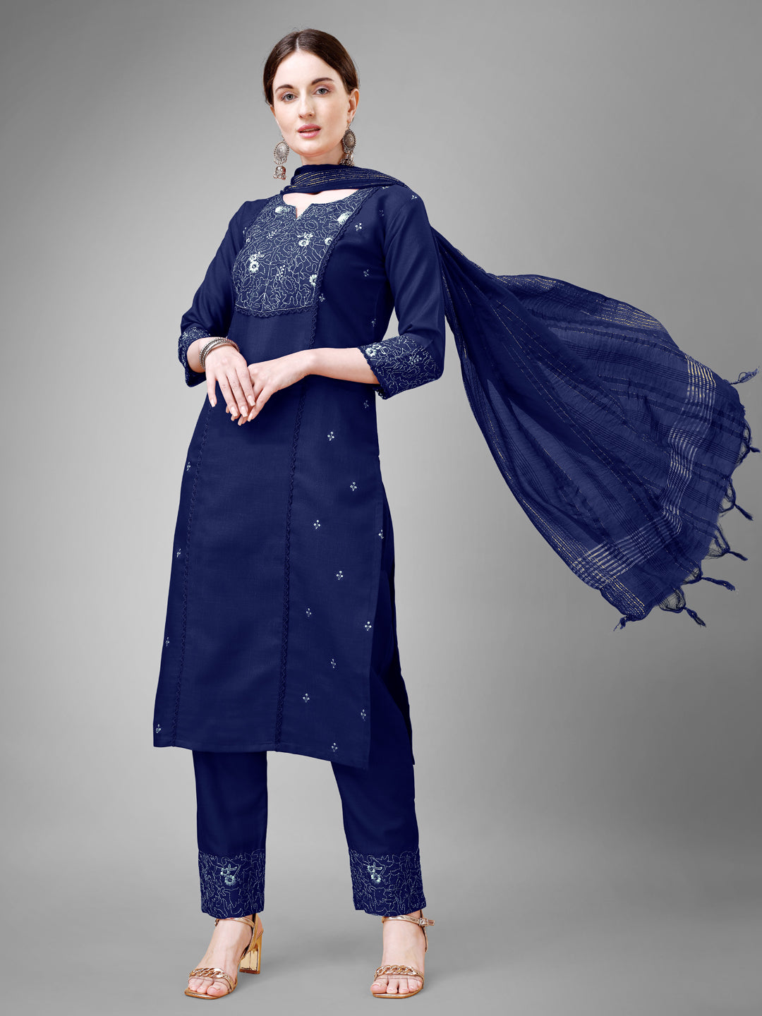 Embroidered Navy Blue Cotton Kurti Pant Set with Dupatta for Women