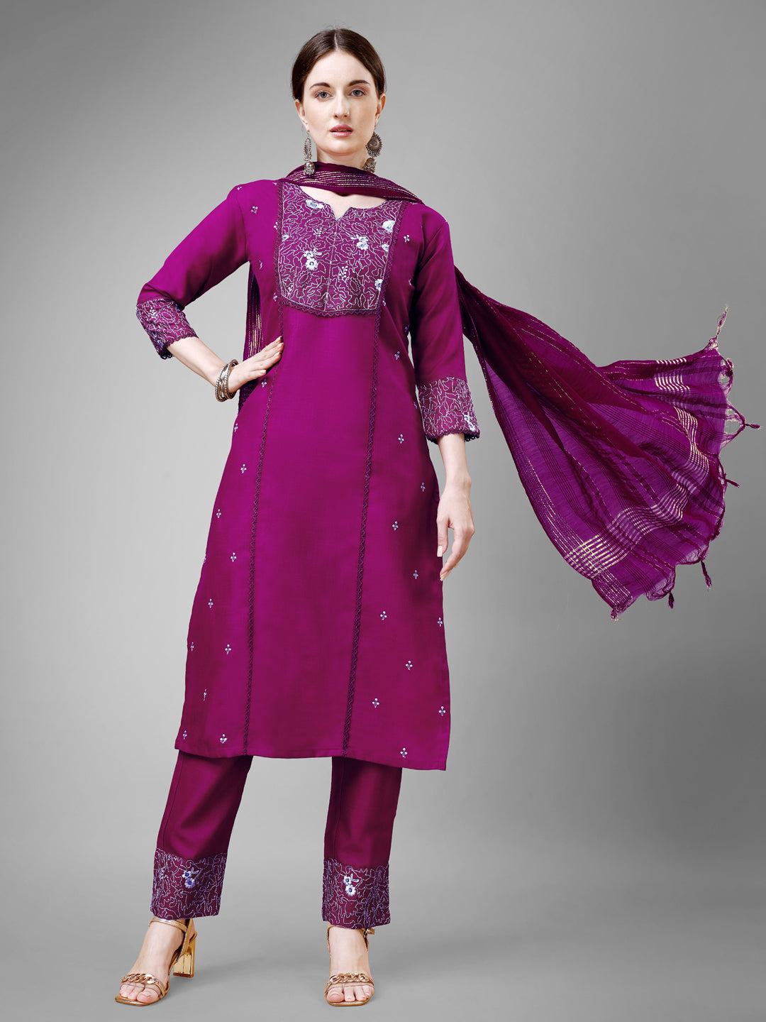 Embroidered Purple Cotton Kurti Pant Set with Dupatta for Women