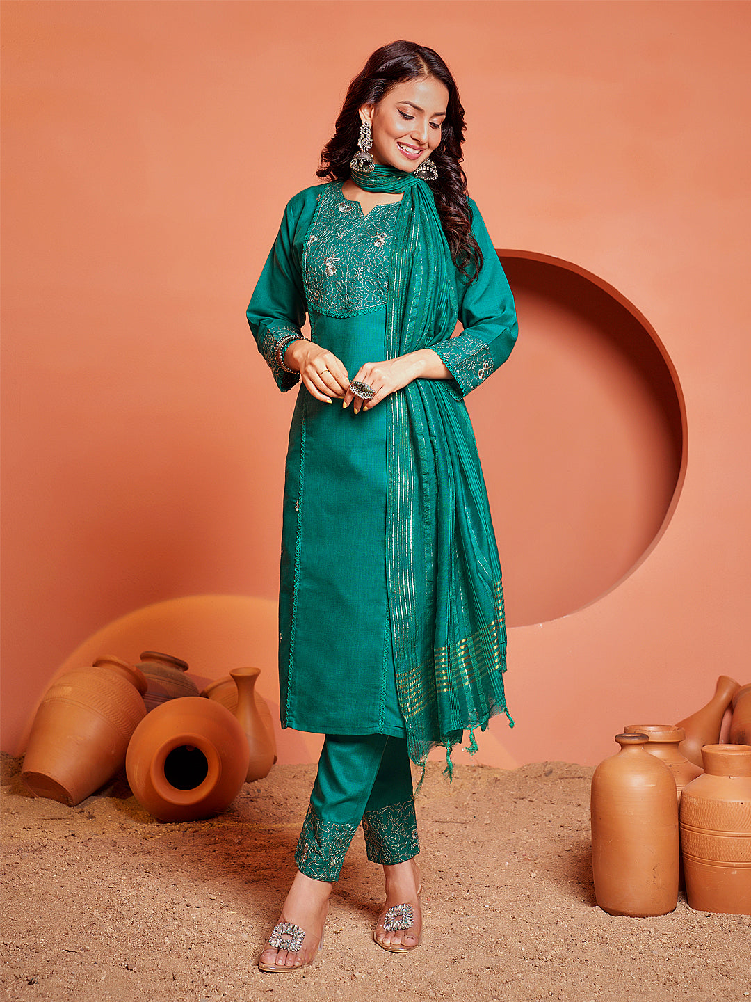 Embroidered Rama Green Cotton Kurti Pant Set with Dupatta for Women