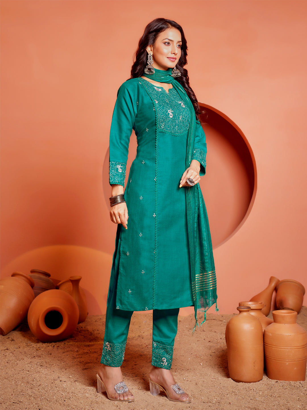 Embroidered Rama Green Cotton Kurti Pant Set with Dupatta for Women