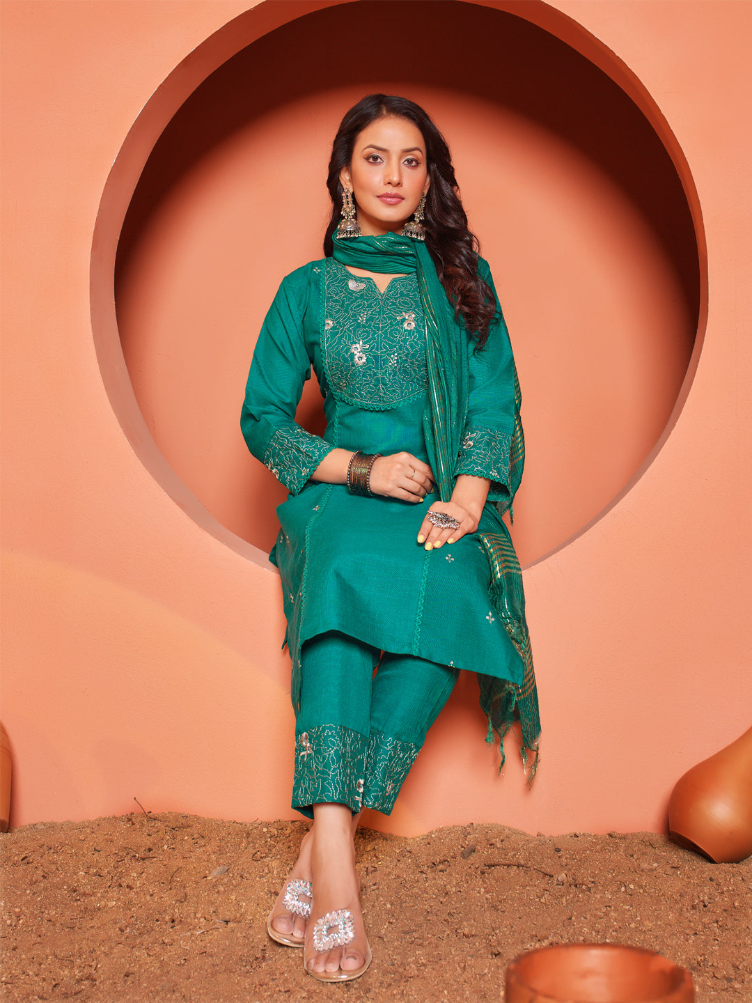 Embroidered Rama Green Cotton Kurti Pant Set with Dupatta for Women