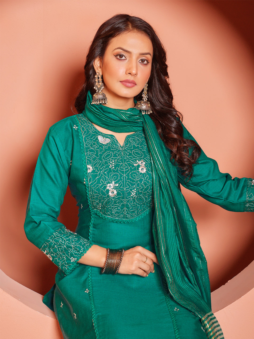 Embroidered Rama Green Cotton Kurti Pant Set with Dupatta for Women