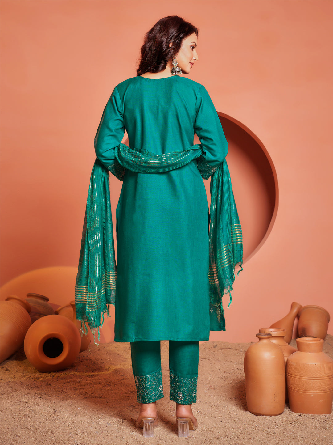 Embroidered Rama Green Cotton Kurti Pant Set with Dupatta for Women