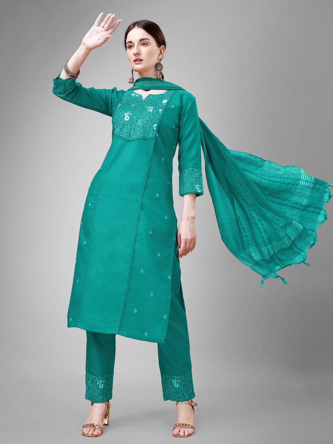 Embroidered Rama Green Cotton Kurti Pant Set with Dupatta for Women