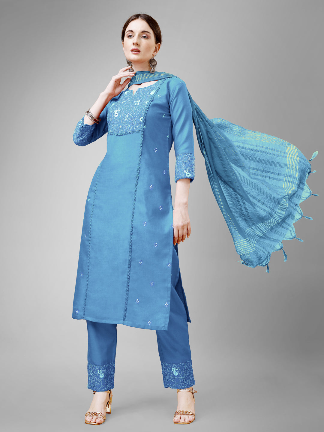 Embroidered Sky Blue Cotton Kurti Pant Set with Dupatta for Women