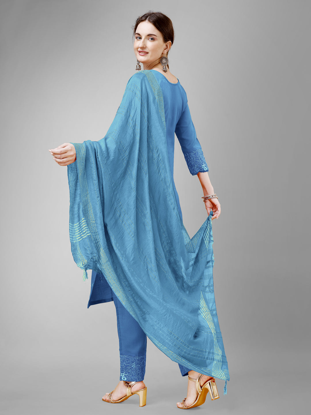 Embroidered Sky Blue Cotton Kurti Pant Set with Dupatta for Women